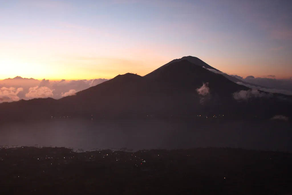 Sunrise over Lake Batur from the top of Mount Batur